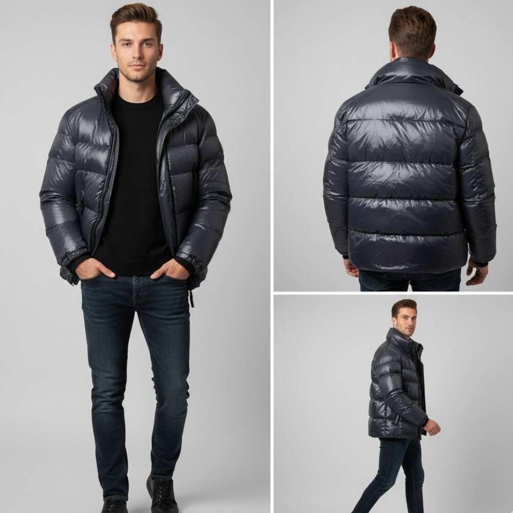 $695 Sam Down Puffer Coat Jet Black Layered Full Zip Insulated Quilted Mens Sz L